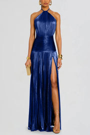 Glamorous Metallic Pleated Fabric Open Back Halter Slit Maxi Dress