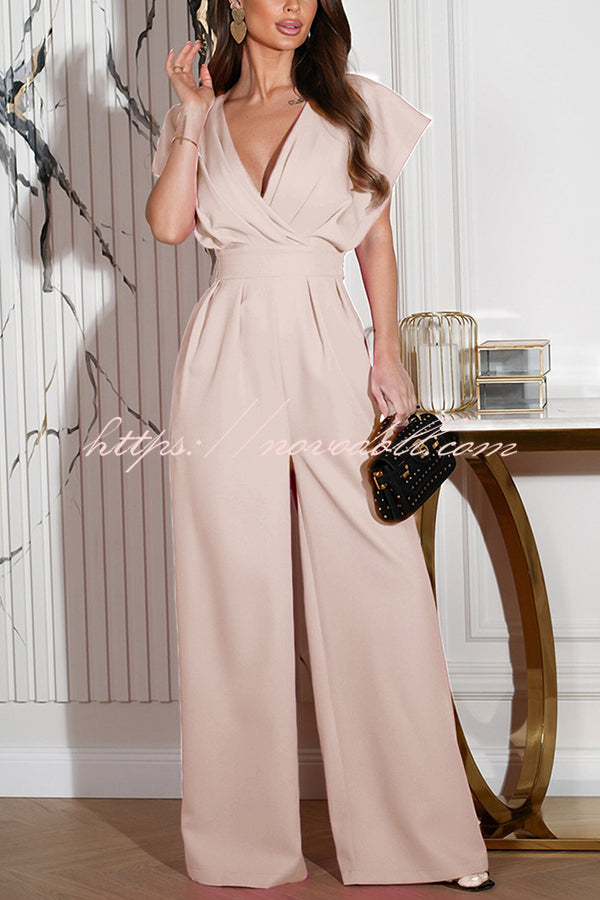 Solid Color V-neck Waist Casual Wide-leg Jumpsuit