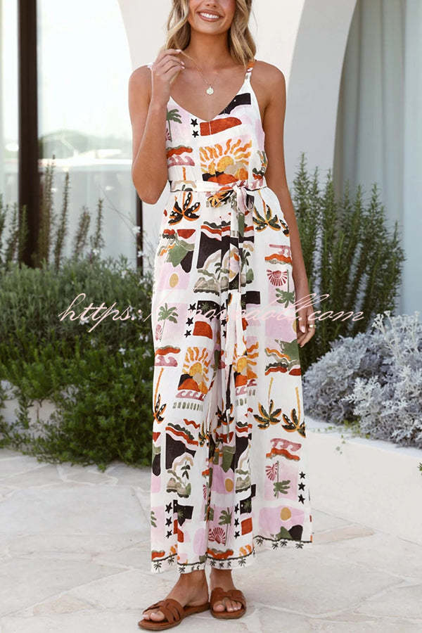 Unique Beach Vacation Print V-neck Suspenders Casual Wide-leg Jumpsuit