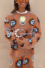 Mediterranean Art Knit Unique Sun Vortex Print Long Sleeve Relaxed Sweater