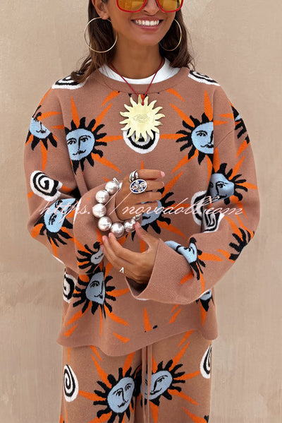 Mediterranean Art Knit Unique Sun Vortex Print Long Sleeve Relaxed Sweater