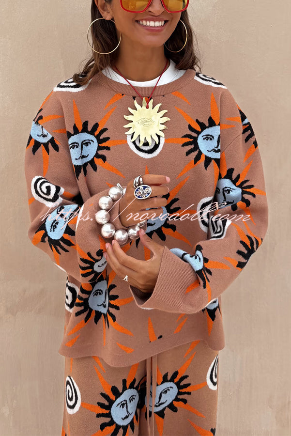 Mediterranean Art Knit Unique Sun Vortex Print Long Sleeve Relaxed Sweater