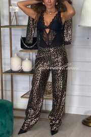 Mona Leopard Metallic Fabric Lapel Boyfriend Blazer and Elastic Waist Pocketed Loose Pants Set