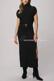 Solid Color Sleeveless Knitted Elegant Waist Midi Dress
