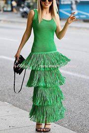 Solid Color Sleeveless Slim Fit Fringed Hem Knitted Midi Dress