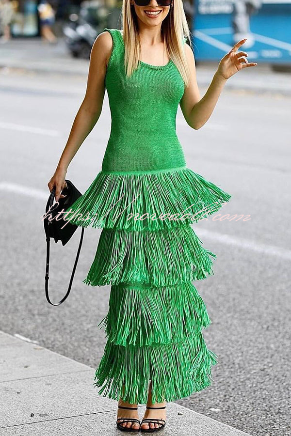 Solid Color Sleeveless Slim Fit Fringed Hem Knitted Midi Dress