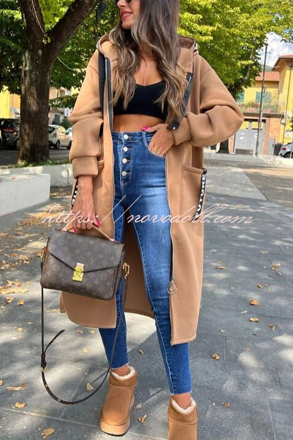 Fashionable and Casual Hooded Zipper Pocket Loose Long Coat