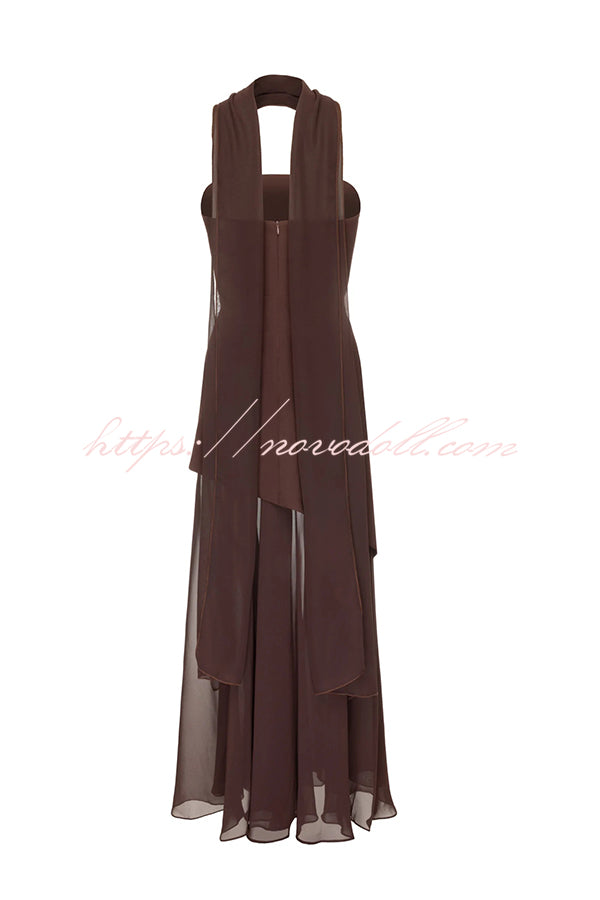 Monaco Off Shoulder Structured Top Chiffon Slit Hem Scarf Maxi Dress