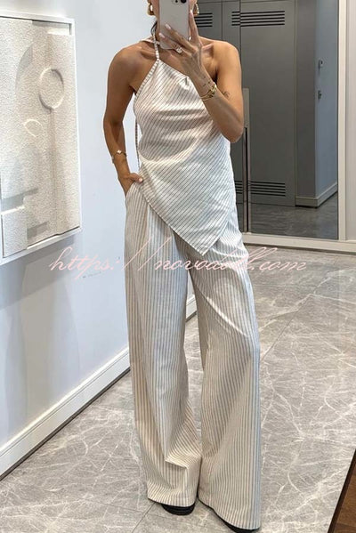 Moriah Striped Thin Strap Halter Neck Scarf Top and Pocketed Wide Leg Pants Set