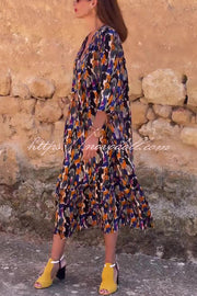 Multicolor Color Block Print V-neck Loose Resort Midi Dress