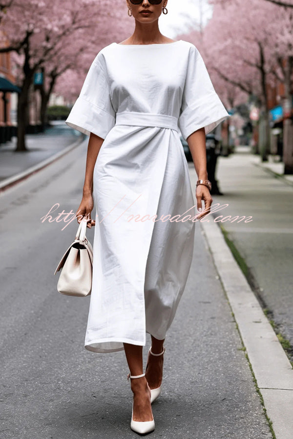 Solid Color Round Neck Half Sleeve Casual Waist Midi Dress