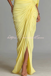 Fashionable High-neck Half-sleeve Waist-cinching Pleated Maxi Dress