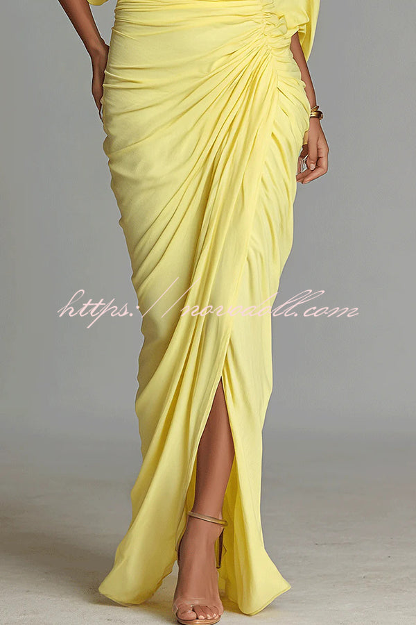 Fashionable High-neck Half-sleeve Waist-cinching Pleated Maxi Dress