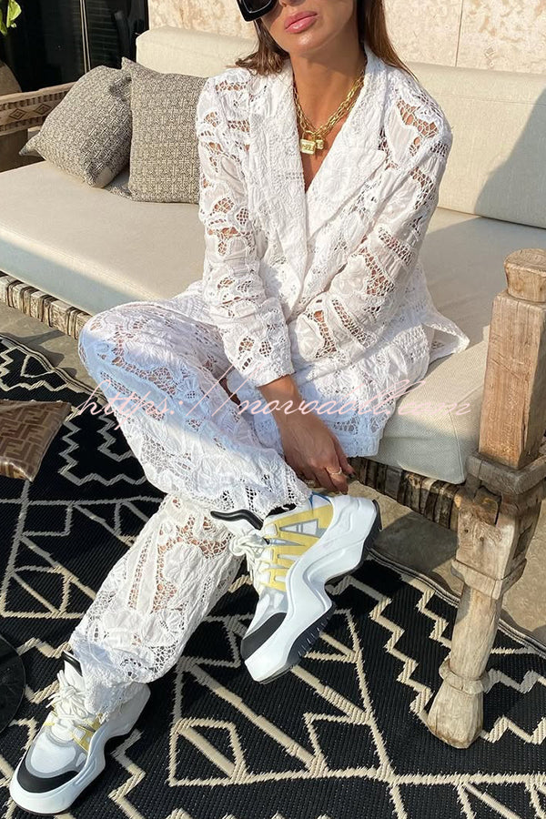 Fashionable Lace Long-sleeved Lapel Loose Top and Casual Hollow Pants Set