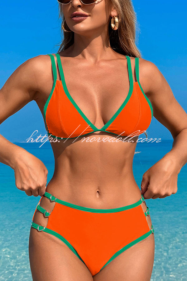 Contrast Color Lace-up Stretch Two-piece Bikini Swimsuit