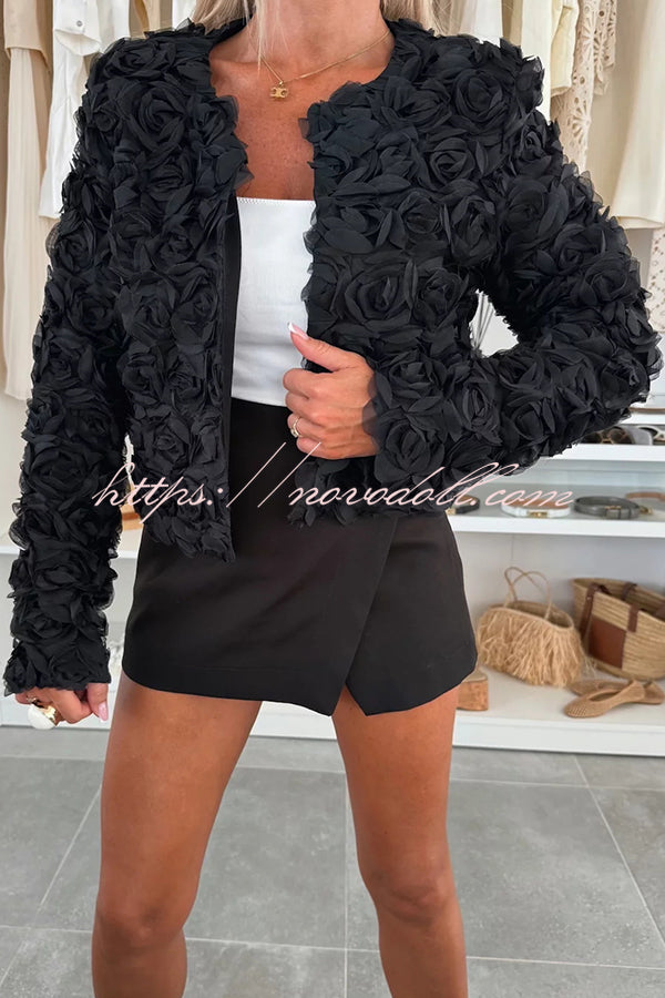 Fashionable Three-dimensional Flower Casual Long-sleeved Cropped Jacket