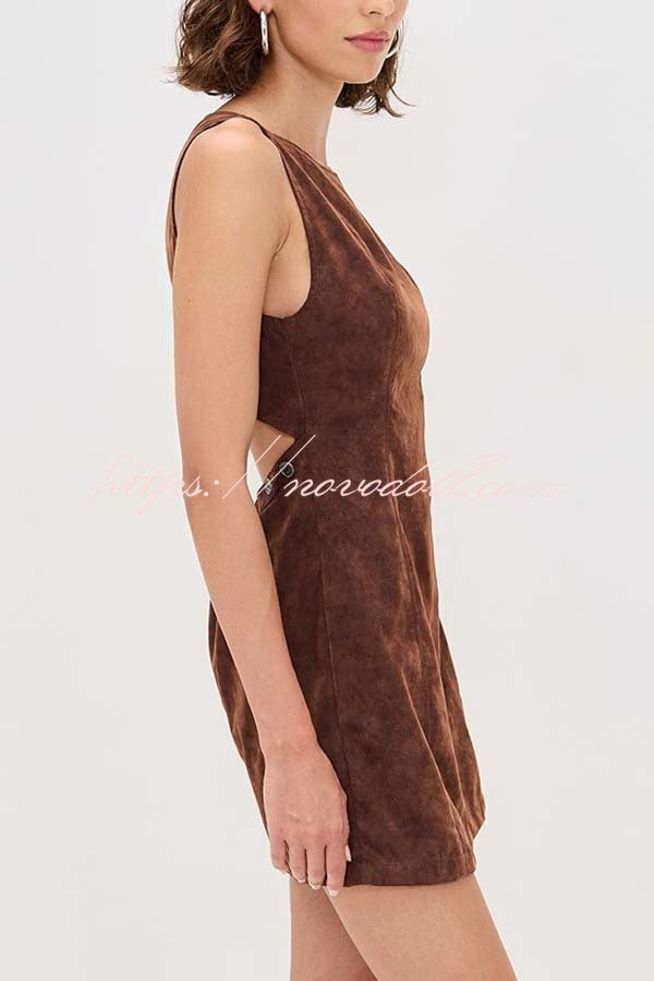 Atlas Faux Suede Open Back Button Accents Zipper Mini Dress