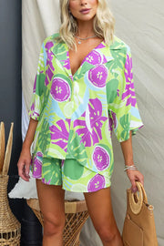 Viva La Travel Unique Print Loose Button Shirt and Elastic Waist Shorts Set