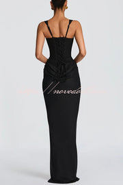 Larrah Square Neck Back Lace-up Satin Drape Hem Maxi Dress