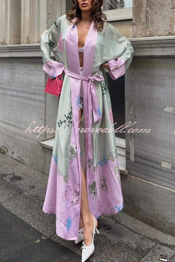 Karty Satin Unique Print Long Sleeve Belt Lapel Kimono Cover-ups