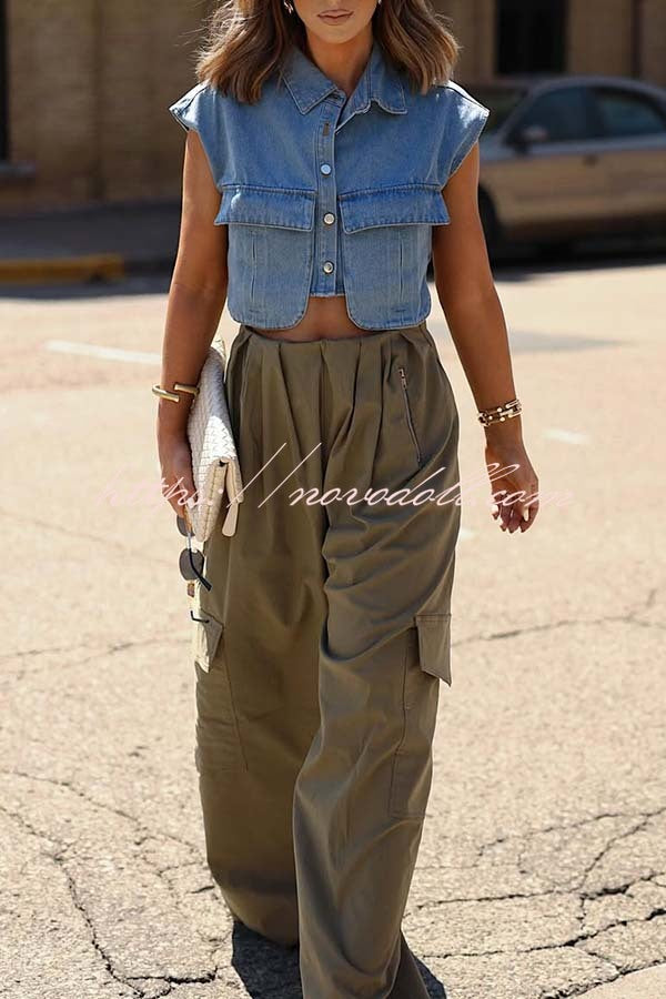 Stylish Weekend Denim Button Up Cape Sleeve Pocket Crop Top