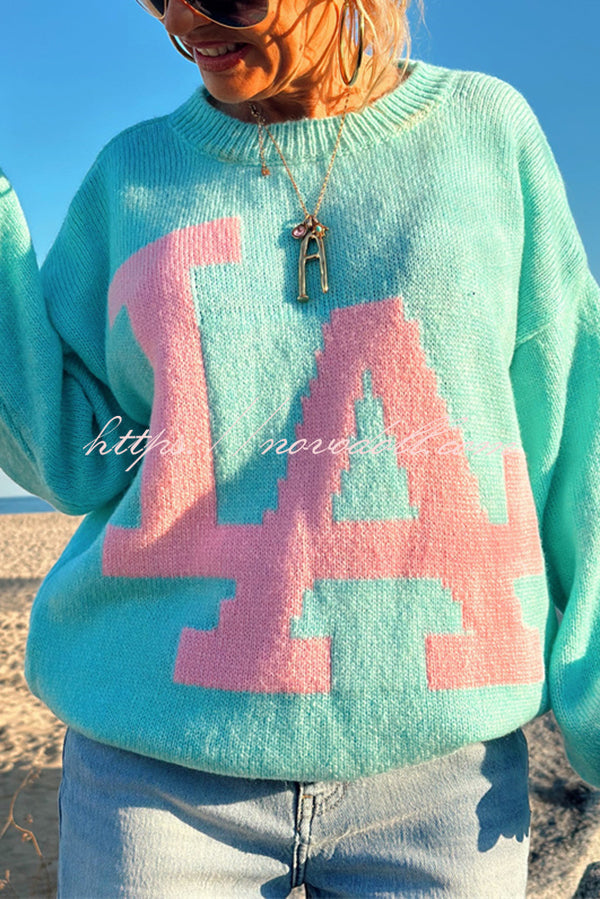 Letter Pattern Crew Neck Long Sleeve Loose Knit Sweater
