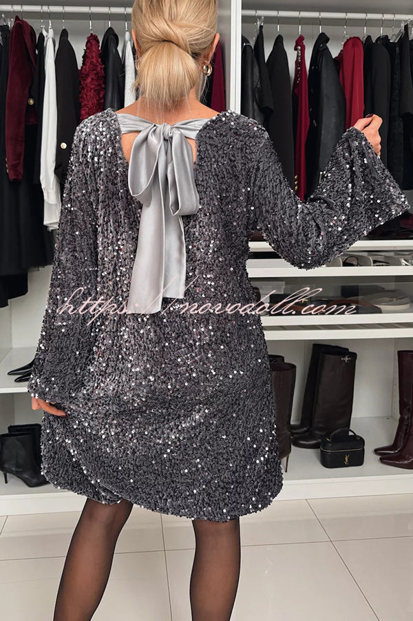 Velvet Sequin Back Bow Bell Sleeves Loose Mini Dress