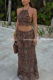 Nyla Leopard Print Halter Back Tie-up Tank and Drawstring Waist Tiered Skirt Set