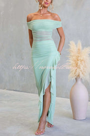 Sexy Mesh Off-shoulder Slim Fit Ruffled Slit Maxi Dress