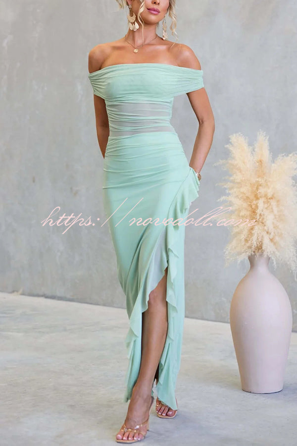 Sexy Mesh Off-shoulder Slim Fit Ruffled Slit Maxi Dress