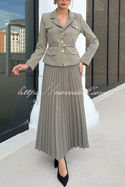Solid Color Lapel Button Belt Blazer and Pleated Casual Maxi Skirt Set