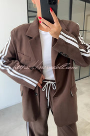 Levvie Striped Trim Long Sleeve Lapel Blazer and Rope Belt Pocketed Wide Leg Pants Set
