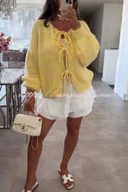 Solid Color Long-sleeved V-neck Lace-up Loose Knitted Sweater