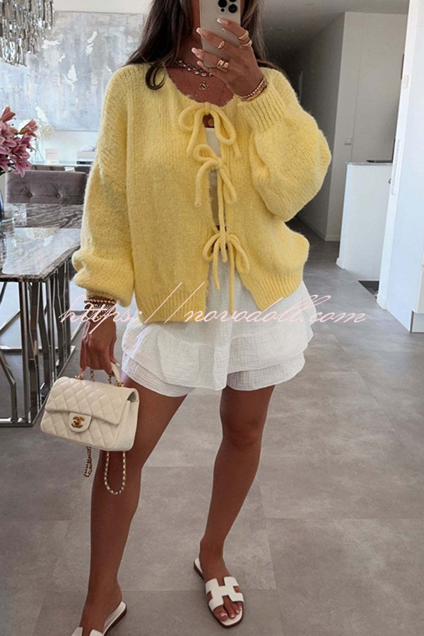 Solid Color Long-sleeved V-neck Lace-up Loose Knitted Sweater