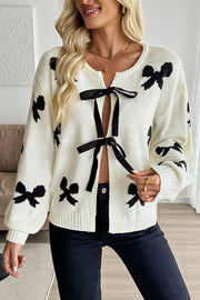 Fashionable Contrasting Bow Casual Lace-up Knitted Cardigan