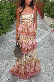 Charming Smile Floral Print Scalloped Lace-trim Back Tie-up Tiered Maxi Dress