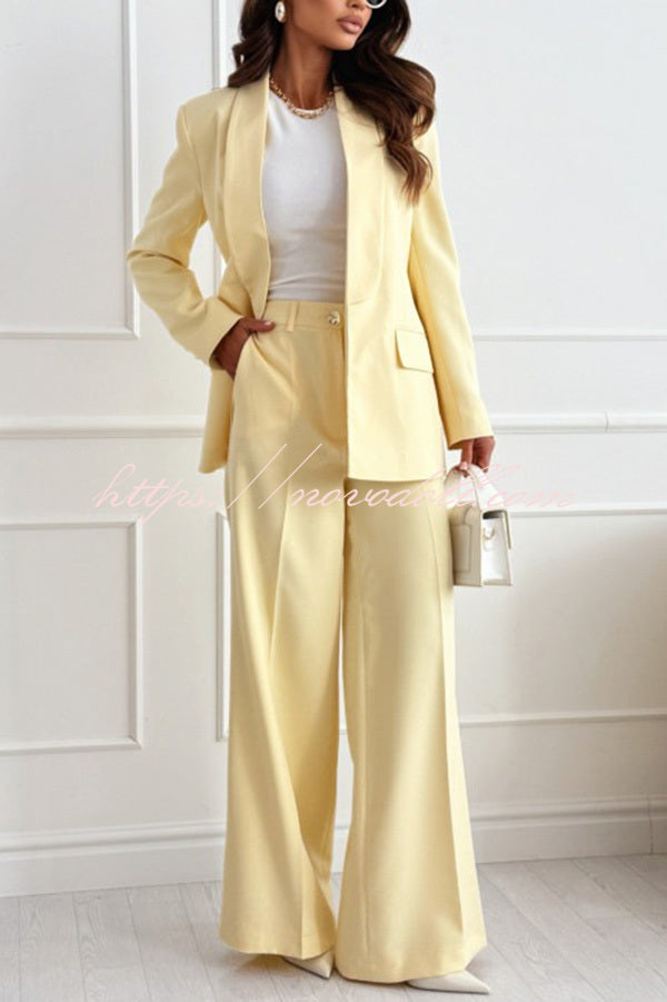 Solid Color Lapel Long Sleeve Casual Blazer and Pocket Wide Leg Pants Set