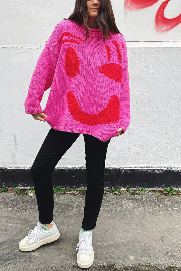 Feel Good Knit Colorful Smiley Face Loose Pullover Sweater