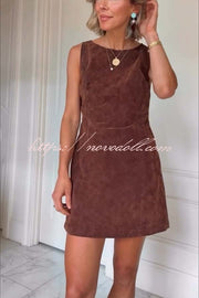 Atlas Faux Suede Open Back Button Accents Zipper Mini Dress