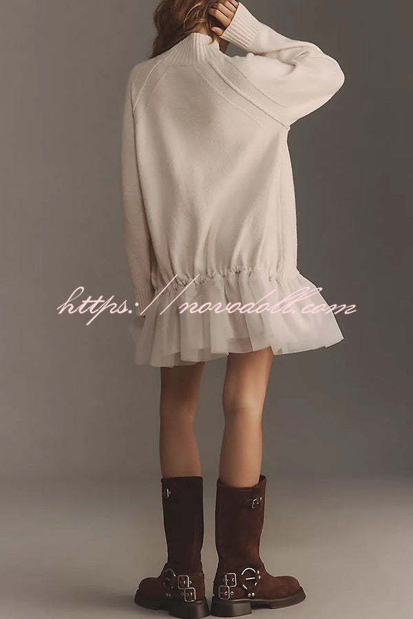 Holiday Cutie Knit Long Sleeve Turtleneck Tulle Twofer Mini Dress