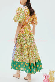 Linen Blend Unique Print Lapel Puff Sleeve Casual Midi Dress