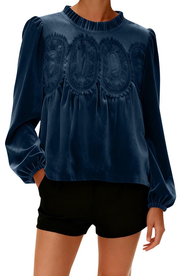 Fashionable Velvet and Lace Patchwork Loose Long-sleeved Top