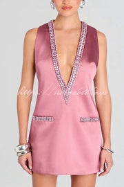 Elegant Demeanor Satin Gemstone Trim Deep V-Neck Tank H-line Mini Dress