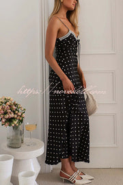 Polka Dot Print Sleeveless Patchwork Lace-up Midi Dress