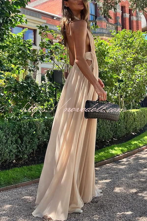 Ethereal Moment Tulle Cutout Ruched Waist Backless Halter Maxi Dress