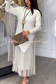 Jensine Ribbed Knit Irregular Loose Sweater and Pleated Tulle Tank Midi Dress Two-piece Set