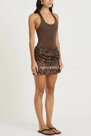 Shine Your Event Ruched Sequin Draped Hem Tank Stretch Mini Dress