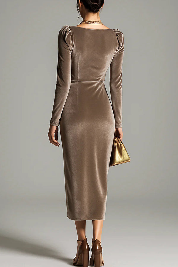 Solid Color Velvet Long-sleeved Slim-fit Pleated Midi Dress