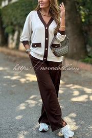 Stylish Color-blocked V-neck Knitted Button-down Cardigan and Elastic Waist Casual Wide-leg Pants Set