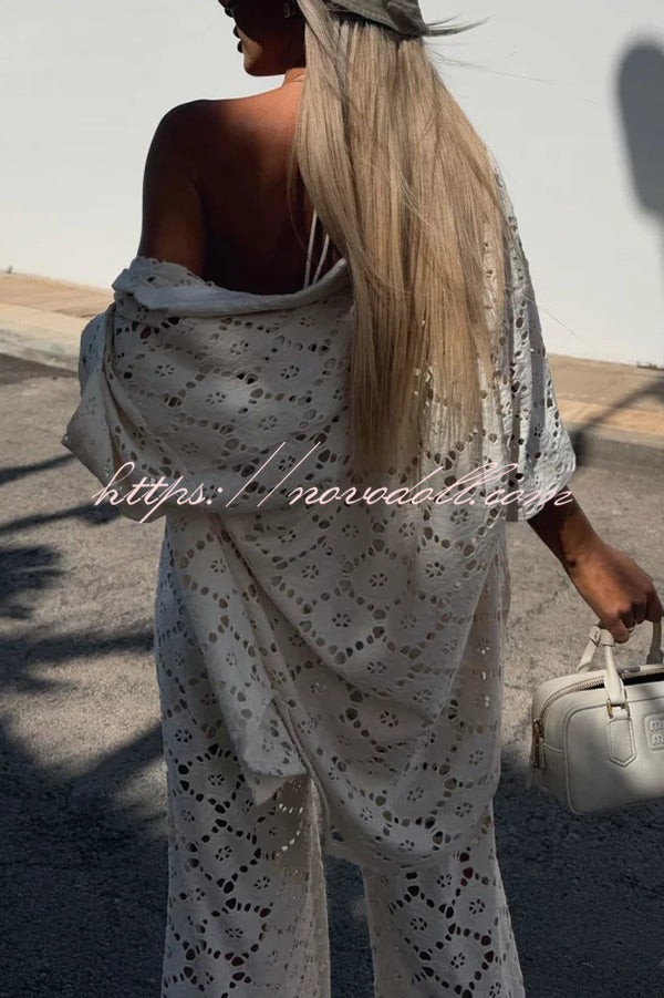 Holiday Crochet Flowers Lace Short Sleeve Shirt and Elastic Waist Wide Leg Pants Set